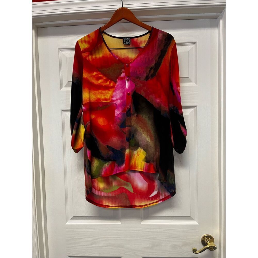Clara Sun Woo Bright Watercolor Hi-Lo Tunic Top Blouse sz L EUC